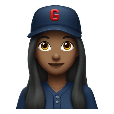 Black long hair girl wearing navy ballcap emblazoned with a red G initial and wearing baseball uniform sticker