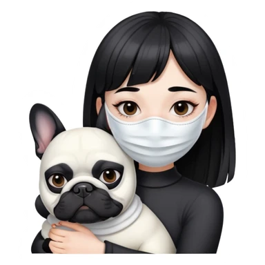 girl with short black straight bangs hair wearing a white mask and hugging a black French bulldog sticker