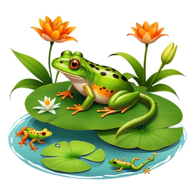 Icon for Amphibians: A colorful collage featuring a frog sitting on a lily pad, a salamander crawling on the ground and a newt swimming in water. The background features lily flowers and a calm pond setting. Transparent background. sticker