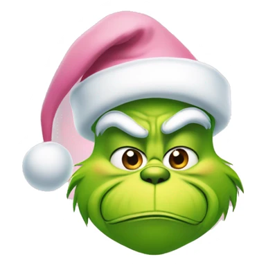 grinch face with a smirk wearing a light pink santa hat sticker