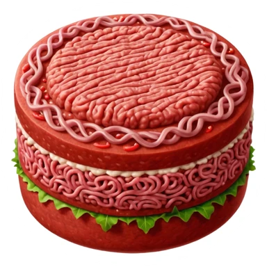 single round patty of raw ground beef, vivid red color, dense compact texture with visible strands of minced meat, slightly domed top, clean edges, moist fresh surface, no garnish, herbs, plate, or extras, soft lighting, subtle shadows, emoji scale sticker