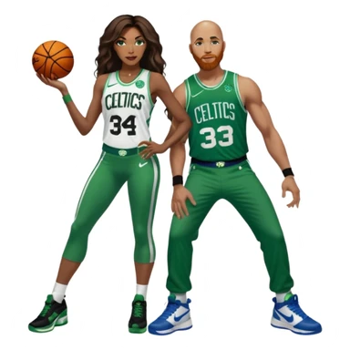 in love. one black woman and one white man: 48-year-old black woman with brown eyes, long dark brown balayage hair dressed in sexy 
celtics jersey costume outfit and stilettos with bald white man with ginger beard, and blue eyes, in a Jason Tatum Boston Celtics Jersey, jeans and Nike sneakers  sticker