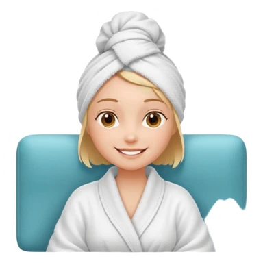 spa A contented and relaxed girl with a towel on her head in a white robe lies on a couch. The icon displays the couch and the girl in full three-quarter view. sticker