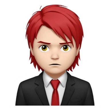 Gerard Way (Revenge Era)
Round, simplified emoji style
Pale skin tone dark eyes
Jet-black, shoulder-length hair messy and emo
Heavy eyeliner and slight red shadow under the eyes
Subtle serious
Hint of red tie visible on black button up shirt.
Transparent background. Black eyeliner. Messy emo hair sticker