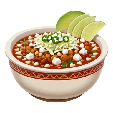 A delicious hot bowl of pozole rojo emoji. Steam rising. Hominy visible. Place the sides next to the bowl: chopped onions, shredded cabbage, lime wedges, red chile de arbol salsa, and full round tostadas with a light smear of sour cream sticker