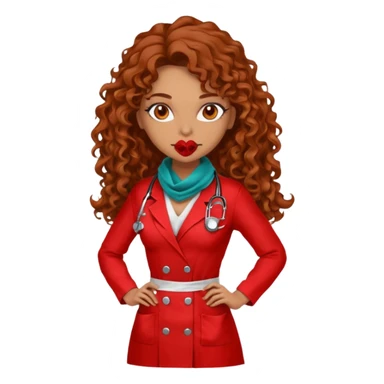 Sensual Spanish Lilith core evil surgeon.red outfit.  Surgeon has hazel eyes. Her hair is BROWN. Hair is also  long and  curly. wearing a sexy surgeon outfit with platform  heels.she is a calculated smart killer. She covers only her mouth and nose with silk scarf to hide identity  sticker