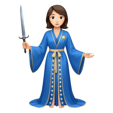 An upright Europe (a tall woman), wearing a blue, flowing robe with stars on the hem. In the background stands a man, with a knife sticker