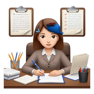 a girl with brown hair on a desk writing on a note book with a lot of papers around and on the papers is writing business strategy  sticker