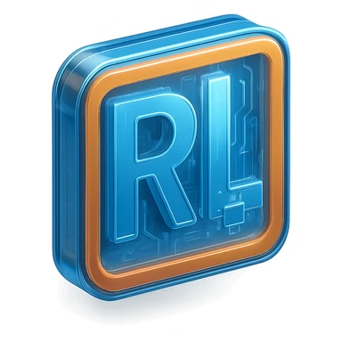 Add a tech-inspired icon such as a circuit, microchip, or digital element to the modern 'RL' logo. Keep the design minimalistic and professional with clean lines and a subtle metallic or gradient finish. Maintain the transparent background. sticker