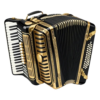 Create an elegant and detailed emoji representing a luxurious Weltmeister accordion. The design should feature the accordion with its signature bellows and intricate metal grille, showcasing the refined craftsmanship. Add subtle musical notes around the accordion to symbolize the rich sound it produces. Use a combination of gold, silver, and deep black or brown tones to highlight the instrument's luxury and high-end nature. The background should be transparent. sticker