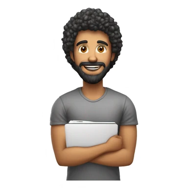 Homem sorrindo com notebook as pernas não devem aparecer, cabelo crespo e preto sem bigode e nariz pequeno estilo cartoon 3d jovem sticker