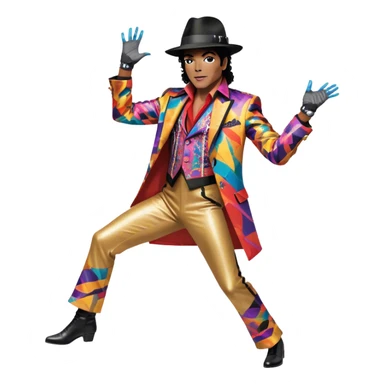 Icon for R&B Music: Michael Jackson in full body, wearing a bright, recognizable costume—sparkling jacket, black fedora, and signature glove. He is in a dynamic, energetic pose, with musical notes and abstract patterns surrounding him. Transparent background. sticker