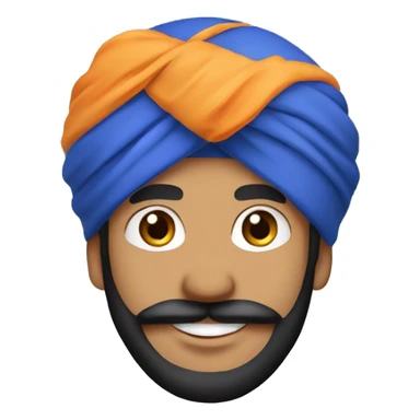 Cheerful Sikh man emoji with a blue turban, friendly smile, kind eyes, black beard, minimalistic cartoon style, plain background. sticker