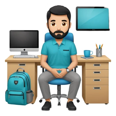 man with blackshot male hair and black hair and beard and hes in a office with his grey backpack on the floor and he has a tourquos polo shirt with backpack on floor on desk computer and grey pants sticker