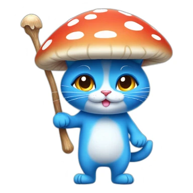  Cute Blue Cat NO ears wearing a mushroom cap carrying a stick in one arm standing on two legs sticker