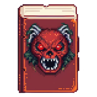 Make the red cursed book look even more evil with sharp teeth, glowing red eyes, and dark energy. Pixel art style with no background. sticker
