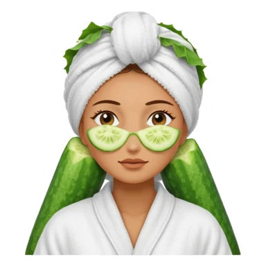 woman at the spa with cucumbers slices covering her eyes and tan skin tone with towel completely covering hair and robe on sticker