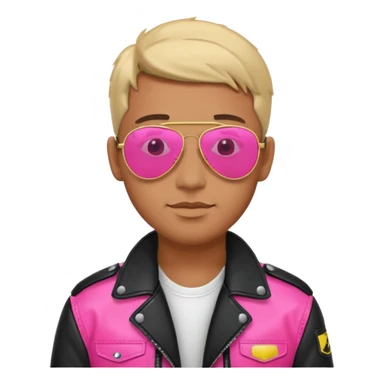 1980s man wearing reflective neon pink aviator sunglasses and a pilot jacket sticker