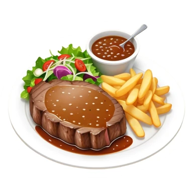 big juicy australian steak meal featuring chips, small salad in a ramiken and gravy  sticker