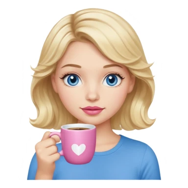 Girl Blonde short wavy hair,  blue eyes, cute blue top, long lashes, pink lips, holding white hot coffee mug sticker