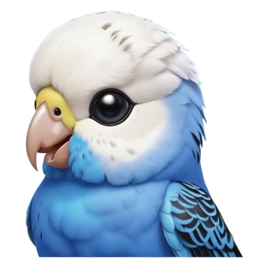 cinematic-cute-blue-budgie-portrait-emoji,-head-tilted-playfully-and-inquisitively,-featuring-a-brilliant-blue-feathered-fur-and white and black feathered face-with-a-natural-sheen,-round,-sparkling-dark-eyes-filled-with-curiosity,-simplified-yet-irresistibly-adorable sticker