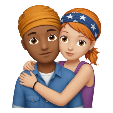 Two people naked hugging, brown man with bandana no hair, white girl ginger hair sticker