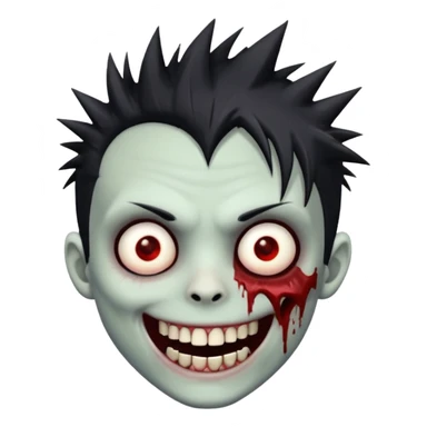 zombie boy with emo spiky hair, white skin, and white eyes; an open smile, and bloodied teeth; sticker