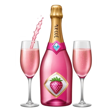 Realistic sparkling diamond glam hot pink champagne bottle with hot pink champagne in glass with strawberry ì> sticker