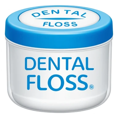 A small round plastic container with the phrase  "dental floss" on it sticker