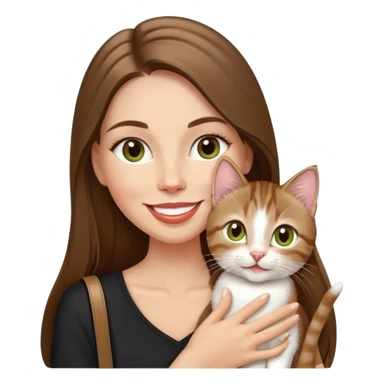 White Woman with VERY long straight brown hair, rosy lips and cheeks, chartreuse eyes, cute happy big smile holding a white and brown tabby kitten, wearing a black purse sticker