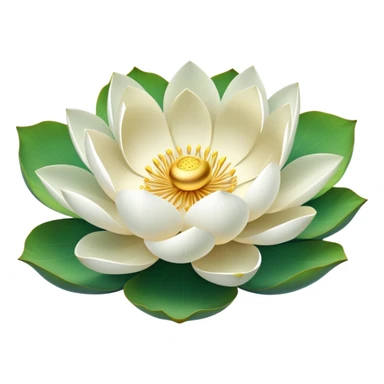 Pure white lotus flower with delicate pristine petals and golden center, accompanied by botanically accurate lotus leaf with distinctive notch and upturned edges sticker