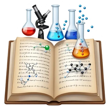 Icon for Scientific and Educational Reading: an open book with mathematical and physical formulas on the pages, with molecules and atoms flying out. On the desk are test tubes, flasks, and a microscope. Transparent background. sticker