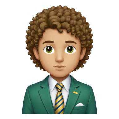 Make me an emoji of a boy with light brown skin, and his hair is voluminous and curly. And his chin is sharp with a nice jawline, and his eyebrows are more of rounded out eyebrows and they’re thick,but not too thick, and one of his eyebrows has a slit in it. And he’s wearing a green jacket with a white shirt poking out and the white shirt has a tie with gold and blue stripes on it  sticker