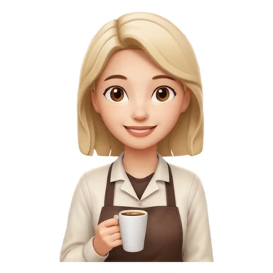female barista portrait, head and shoulders only, wearing coffee shop apron collar, holding a takeaway cup near face, warm friendly smile, cozy cafe vibe, 3D cartoon, mobile game icon style, clean background, no text, no watermark
 sticker
