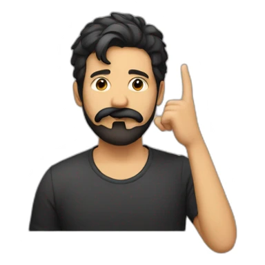 A guy with his finger in his mouth making the silence sign, black hair, beard sticker