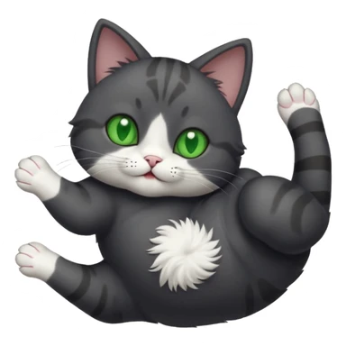 solid dark grey cat with green eyes, white toes/paws and white patch on her chest playfully rolling upside down sticker