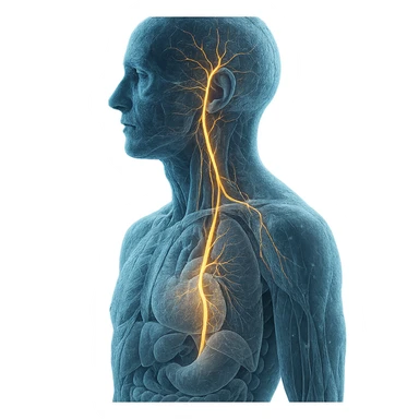 realistic human body with highlighted vagus nerve, left lateral view, detailed anatomy, vagus nerve path clearly visible, cold effect with snowflakes and blue light, transparency on internal organs, neutral background sticker