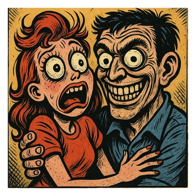 cartoon style girl with boyfriend, unsettling and exaggerated, comic book style sticker