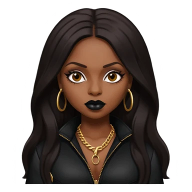 Foxy Brown, Rapper with dark brown long hair, black lip, black outfit sticker