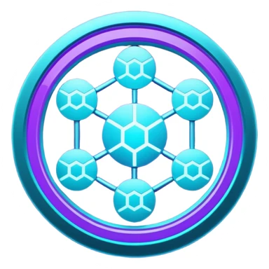 Futuristic blockchain node badge icon, circular emblem with interconnected glowing nodes, all nodes softly illuminated, neon cyan and violet gradient, sci-fi web3 game UI style, metallic rim, dark background, 3D polished game asset, sharp and high detail, centered composition sticker