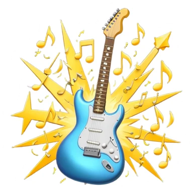 A 3D Apple-style emoji of a bold “ROCK” text written in shiny metallic letters, with an electric guitar leaning on the text, surrounded by small music notes and lightning bolts, energetic and powerful rock music vibe sticker
