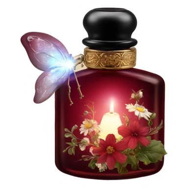 Dark red magic fairy light sparkling old Antique oil perfume bottle with herbal and flowers sticker