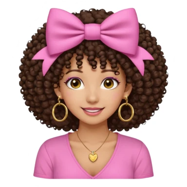 Naturally tan skin girl short darkBrown curly afropink shirt very long lashes hoop gold earrings Brown eyes gyaru smiling closed mouth cute bow hairclip small on the side. V neck pink shirt. Teenager sticker