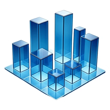 A minimalist 3D illustration of abstract glass buildings in blue tones, made of transparent glass-like materials with soft lighting and subtle reflections, isometric perspective, white background, futuristic architecture concept, volumetric light, clean render, high detail, no text sticker