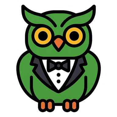 a green owl dressed in a tuxedo, modern icon style sticker