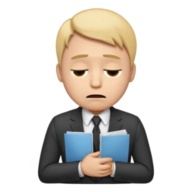  emoji character wearing a suit. face has a very sad crying, disappointed expression with drooping eyebrows and half-closed eyes. posture is dejected, with slumped shoulders just rejected from his interview to get a job, holding cv. dont relate to any gender sticker