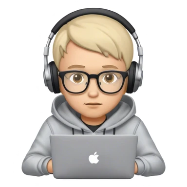 Emoji of an IT professional: wearing glasses, hoodie or T-shirt, using a laptop, focused expression, possibly with headphones or coffee sticker