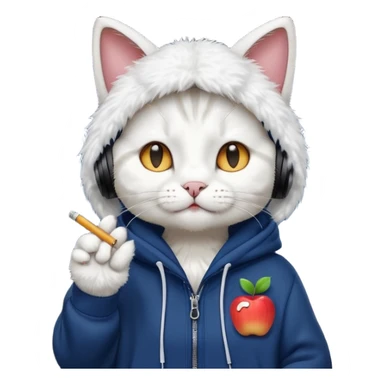 cat in headphones, in a dark-blue almost black oversized hoodie with a cigarette in his hand, more apple-like emoji  sticker