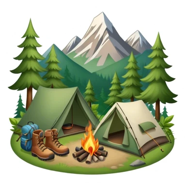 Icon for Hiking: a pair of hiking boots, a backpack, a walking stick, a tent, and a kettle over a campfire, surrounded by trees and a mountain trail. The icon should capture the adventure and warmth of camping. Transparent background. sticker