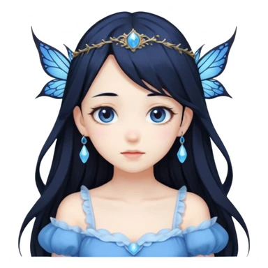 Gothic anime fairy with long beautiful black hair and blue dress, pastelcore, sticker